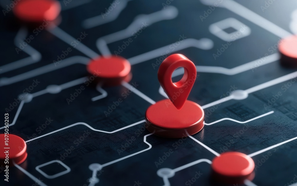 Poster a close-up view of a digital map with red location markers, illustrating navigation, technology, and