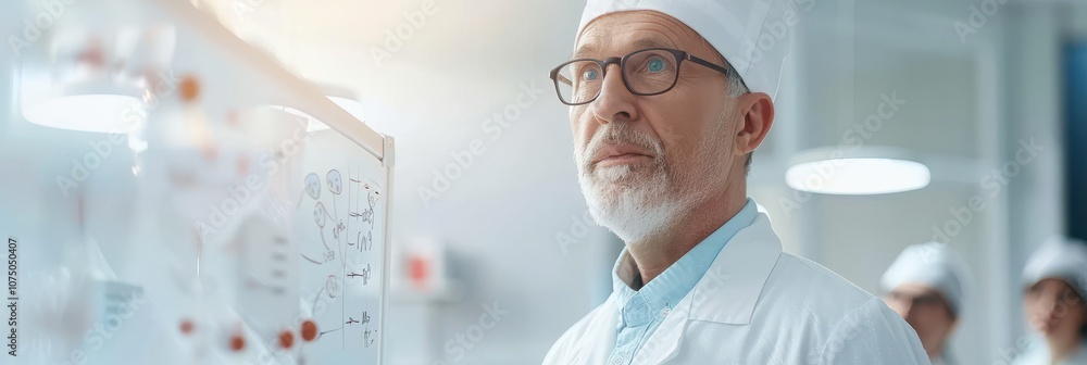 Poster senior scientist with glasses and lab coat examining research data on a whiteboard in a laboratory e