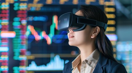 Businesswoman using virtual reality headset for financial data analysis
