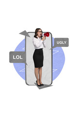 Creative abstract graphics collage of angry lady screaming toa bully messages modern gadget...