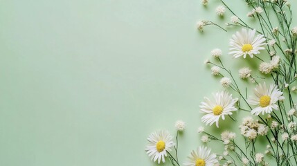 Floral Flat Lay with Daisies and Chrysanthemums on Pastel Green. AI generated illustration
