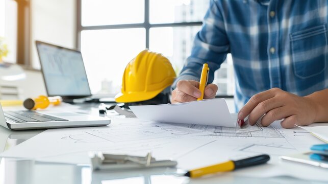 Engineer working on construction blueprints at desk with safety helmet
