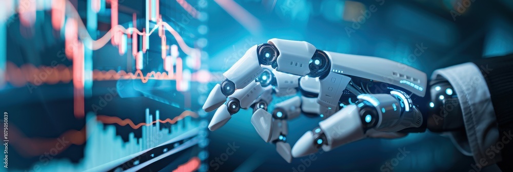 Aufkleber robotic hand interacting with a digital financial data screen, showing graphs and stock market trend