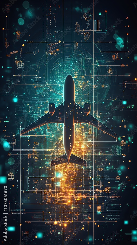 Leinwandbilder An airplane silhouette against a glowing abstract background of data and code.