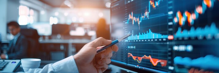 Businessperson holding a pen while analyzing financial and stock market data on a screen in a bright, modern office environment.