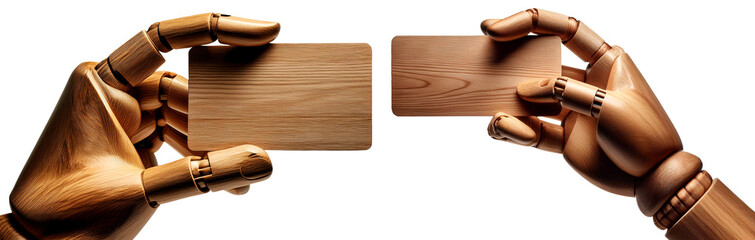 Close-up of a wooden hand (mannequin hand) holding an empty wooden business card with copy space. Isolated on white or transparent background, template, collection and variation. Png. Generative Ai.