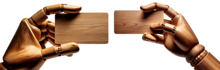 Close-up of a wooden hand (mannequin hand) holding an empty wooden business card with copy space. Isolated on white or transparent background, template, collection and variation. Png. Generative Ai.