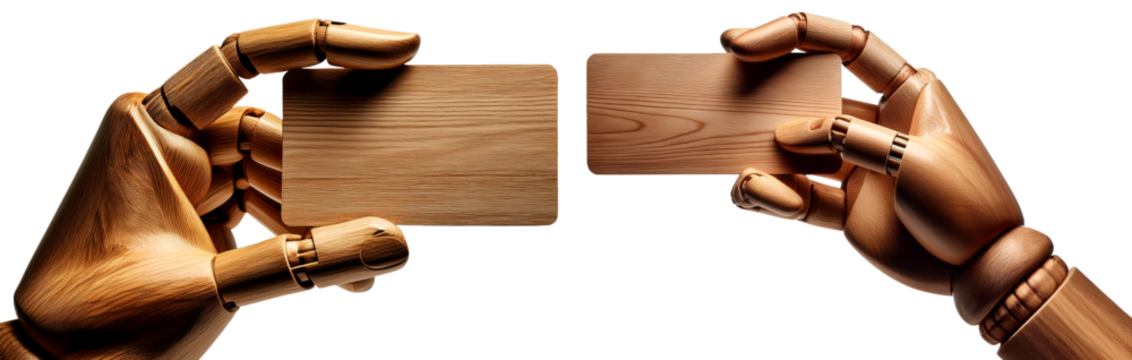 Close-up of a wooden hand (mannequin hand) holding an empty wooden business card with copy space. Isolated on white or transparent background, template, collection and variation. Png. Generative Ai. - Powered by Adobe
