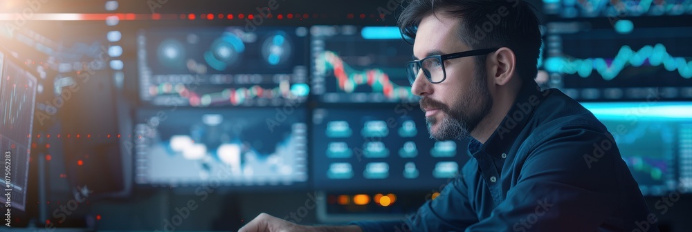 Poster market analyst intensely studying financial data and stock charts on several monitors, analyzing tre