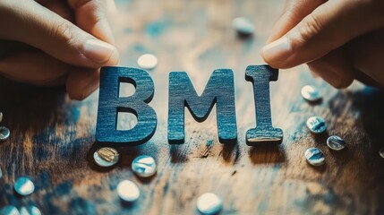 Hands holding wooden letters "BMI" amongst scattered silver button batteries on a wooden surface, indicating a reference to Body Mass Index or something else.