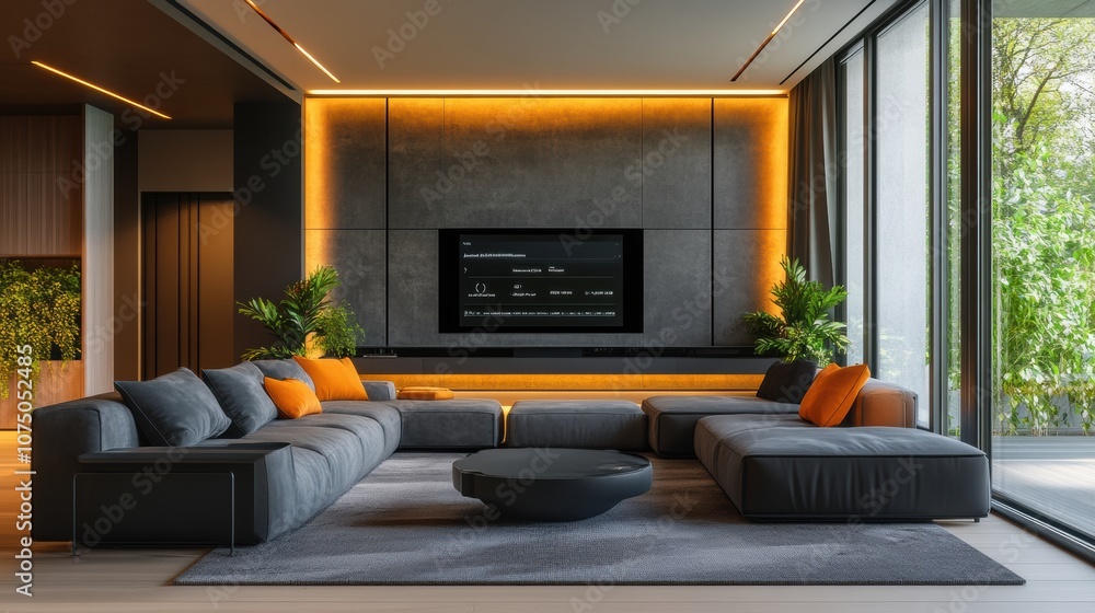 Aufkleber A sleek living room features customizable smart lighting and touch panels, creating a welcoming atmosphere for relaxation and entertainment. Generative AI