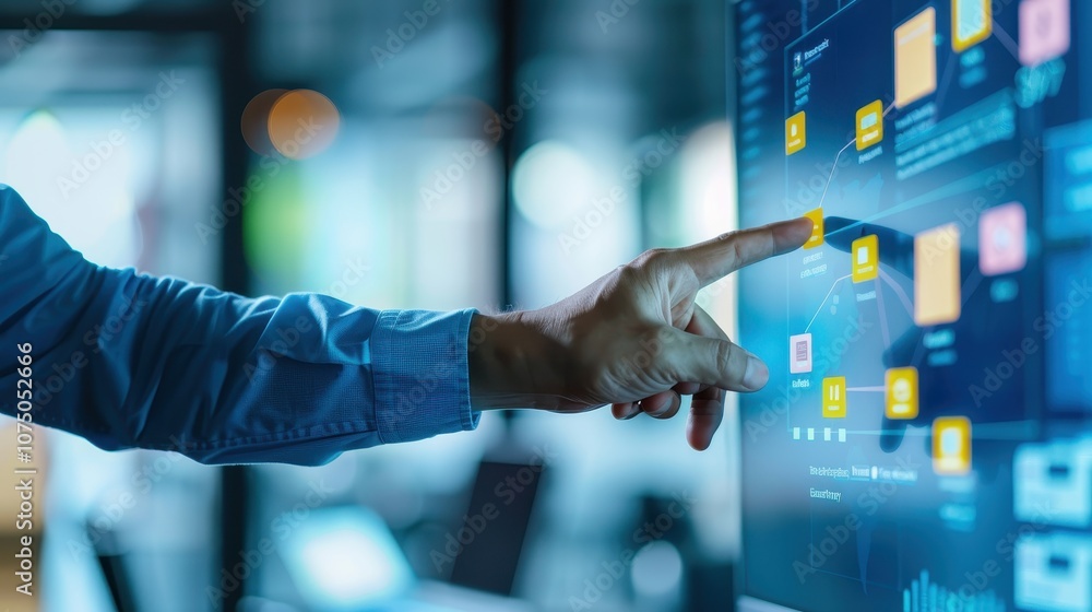 Poster hand pointing at a digital touchscreen with data, icons, and charts, representing technology and int