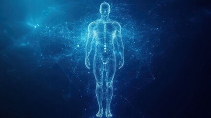 Digital representation of a human body with a network background, suggesting a concept related to technology, health, biometrics, or futuristic human augmentation.