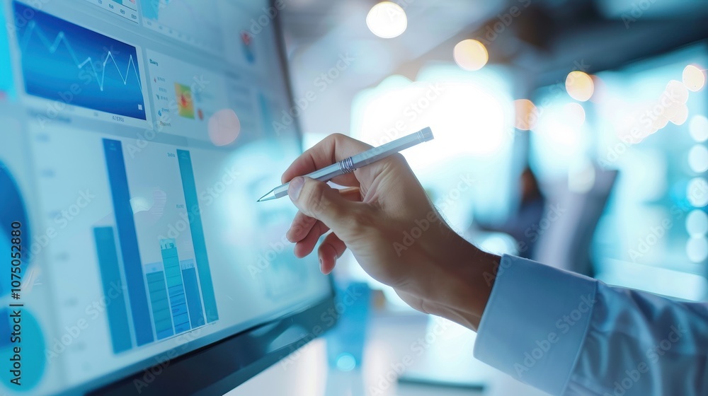 Poster hand holding a pen and pointing at data charts on a touchscreen, illustrating data analysis and digi