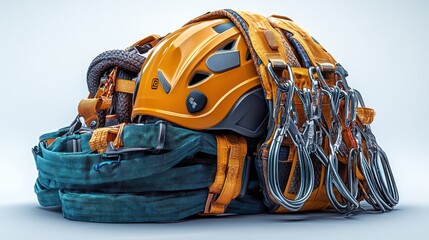Climbing gear including a helmet, harness, and ropes for safety.