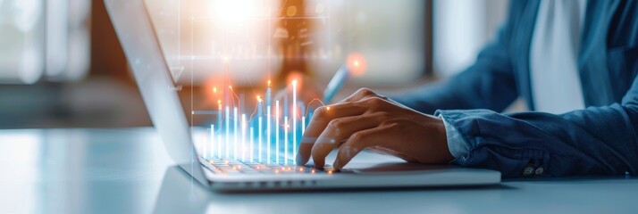 Business professional analyzing financial data on laptop with glowing digital charts overlay