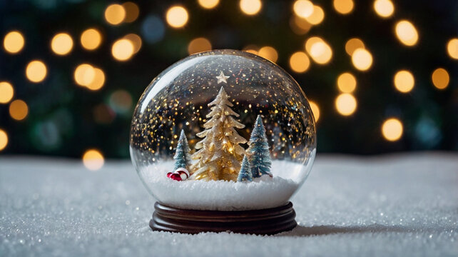A festive composition with Christmas trees and snow in a glass ball. It is snowing inside the ball and the trees are twinkling with lights. Christmas and New Year concept.