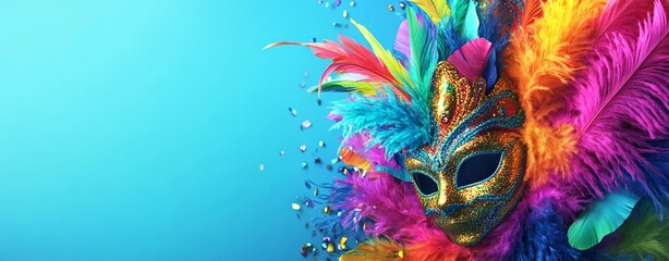 Vibrant Mardi Gras Background with Colorful Feathers and Mask. AI generated illustration