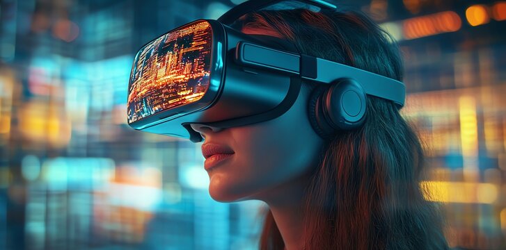 A young woman wearing VR headset, looking into the future with futuristic cityscape reflected in the goggles.