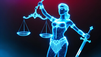 Lady Justice digital art cybercrime, cybersecurity, futuristic Technology and Law & Role of Digital Modern Justice low concept