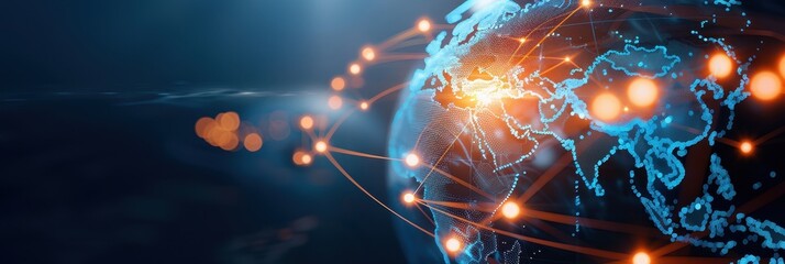 Global digital map displaying bright connection points and lines linking continents, symbolizing data flow, connectivity, and communication.