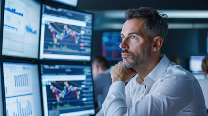 Fototapeta premium stock trader in a modern office setting monitors multiple screens displaying financial charts and data, emphasizing the intensity of his work in finance and trading.