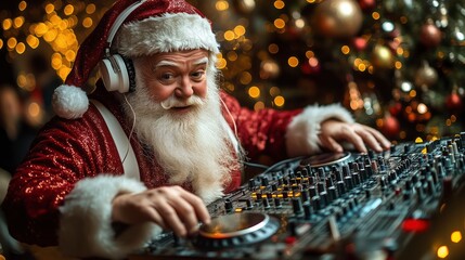 christmas party celebration funky crazy santa claus dj in white headset sing song sound melody listen music dance wear stylish x-mas hat 