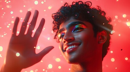 A vibrant portrait of a person with curly hair, showcasing colorful makeup and a joyful expression against a red, sparkly background.