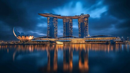 Naklejka premium Marina Bay Sands at Blue Hour: Stunning Reflection of Singapore City. AI generated illustration