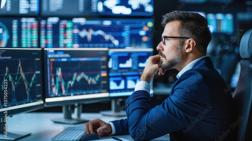 Poster professional stock market analyst in formal attire analyzing financial charts and graphs displayed o
