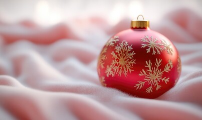 Close-Up of Red Christmas Bauble with Golden Snowflakes
