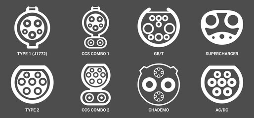 Types of electric vehicle plugs. standard charging connector plug and socket. Connectors for electric vehicles. electric car charge
