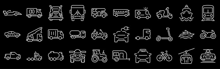 Transport web line icons. Containing car, bike, plane, train, bicycle, motorbike, bus and scooter. Editable stroke. Vector illustration