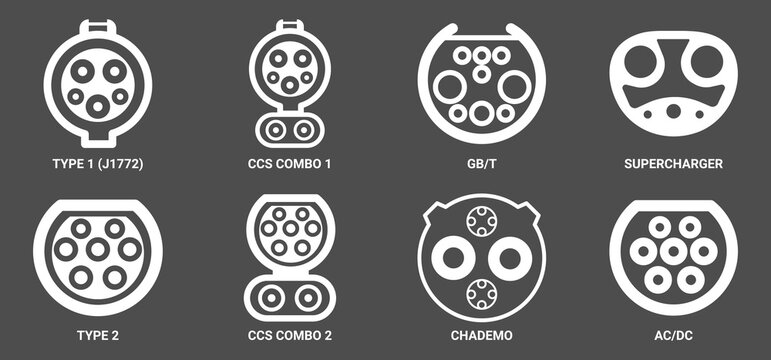 Types of electric vehicle plugs. standard charging connector plug and socket. Connectors for electric vehicles. electric car charge