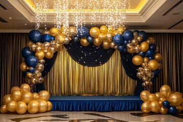 luxury dark blue and gold birthday stage decoration with elegant full color balloons and charming decorative lights 