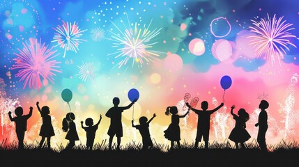 Obraz premium Children Celebrating with Fireworks
