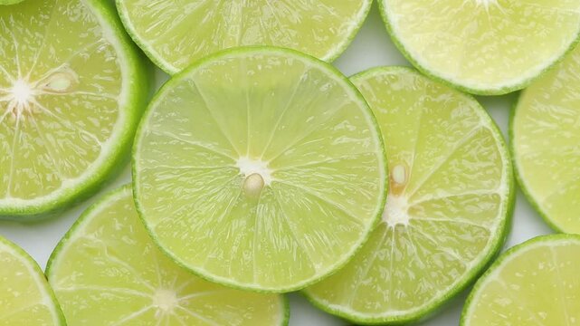 Slice of green lime rotating on white background. top view