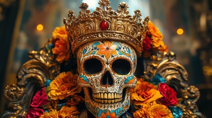 Day of the Dead Sugar Skull with Gold king throne