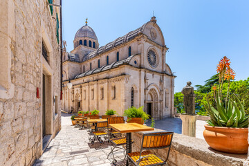 Sibenik old town with St James cathedral, dalmatian coast of Adriatic sea, Croatia