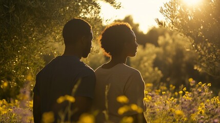 Exploring nature  black adventurers kayaking amidst olive trees and wildflowers under sunlight