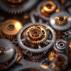 A macro photograph of intricate clock gears and cogs interlocking together. The metallic textures are highlighted in antique gold and bronze tones, showcasing the craftsmanship.