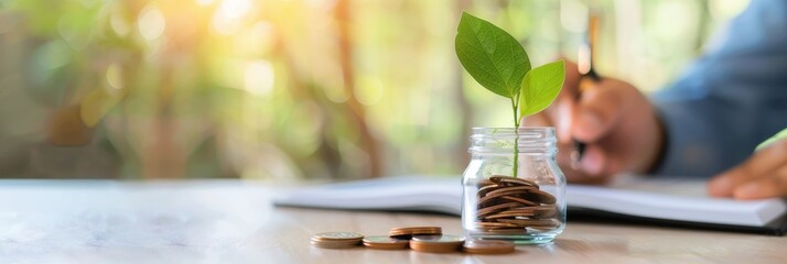 Obraz premium A small plant sprouting from a jar filled with coins, symbolizing financial growth, investment, and sustainability. Blurred background with sunlight.