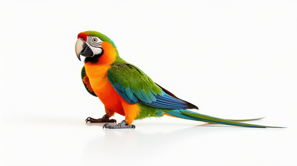 Fototapeta premium Vibrant Parrot Close-Up Photography on White Background - Perfect for Tropical Wildlife and Nature Themes