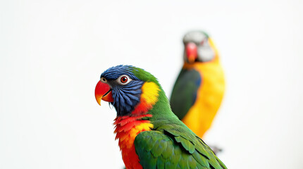 Obraz premium Vibrant Parrot Close-Up Photography on White Background - Perfect for Tropical Wildlife and Nature Themes