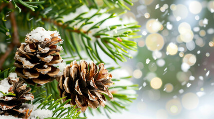 Fototapeta premium Snow covered pine cones on tree branches, falling snowflakes and defocused lights, Christmas atmosphere