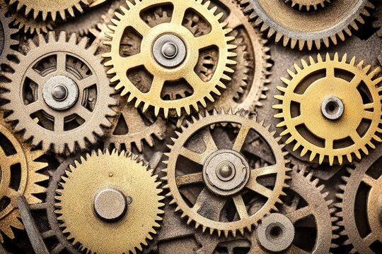 A macro photograph of intricate clock gears and cogs interlocking together. The metallic textures are highlighted in antique gold and bronze tones, showcasing the craftsmanship.