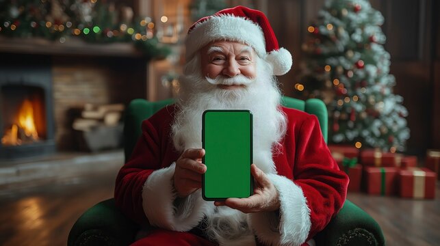 Happy Santa Claus sitting in chair near christmas tree and fireplace, showing mobile phone with green screen