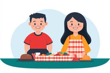 Two cheerful friends enjoying a delightful picnic with various snacks on a table.