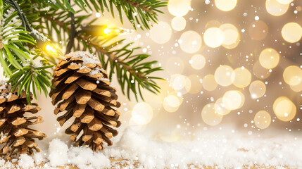 Snow covered pine cones on tree branches, falling snowflakes and defocused lights, Christmas atmosphere