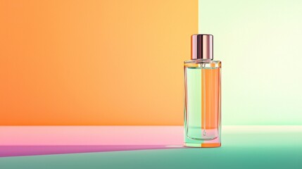 A stylish perfume bottle is showcased against vibrant pastel backgrounds, highlighting its sleek design and colorful reflections.
